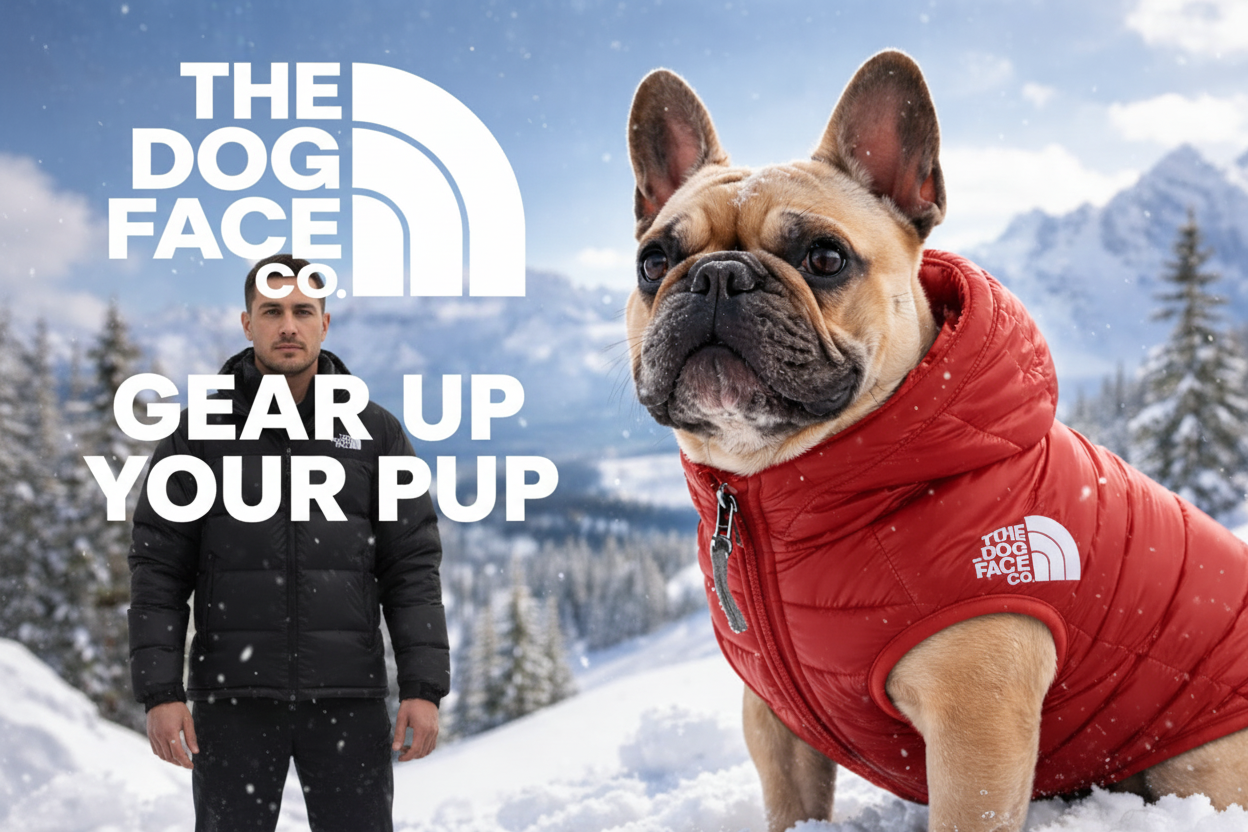 Dog wearing a black puffer vest with 'The Dog Face Co.' branding in a snowy mountain setting.